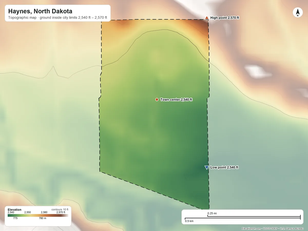 Topographic elevation map of Haynes, North Dakota, shaded from 2,540 ft on the southeast side to 2,570 ft on the northeast side