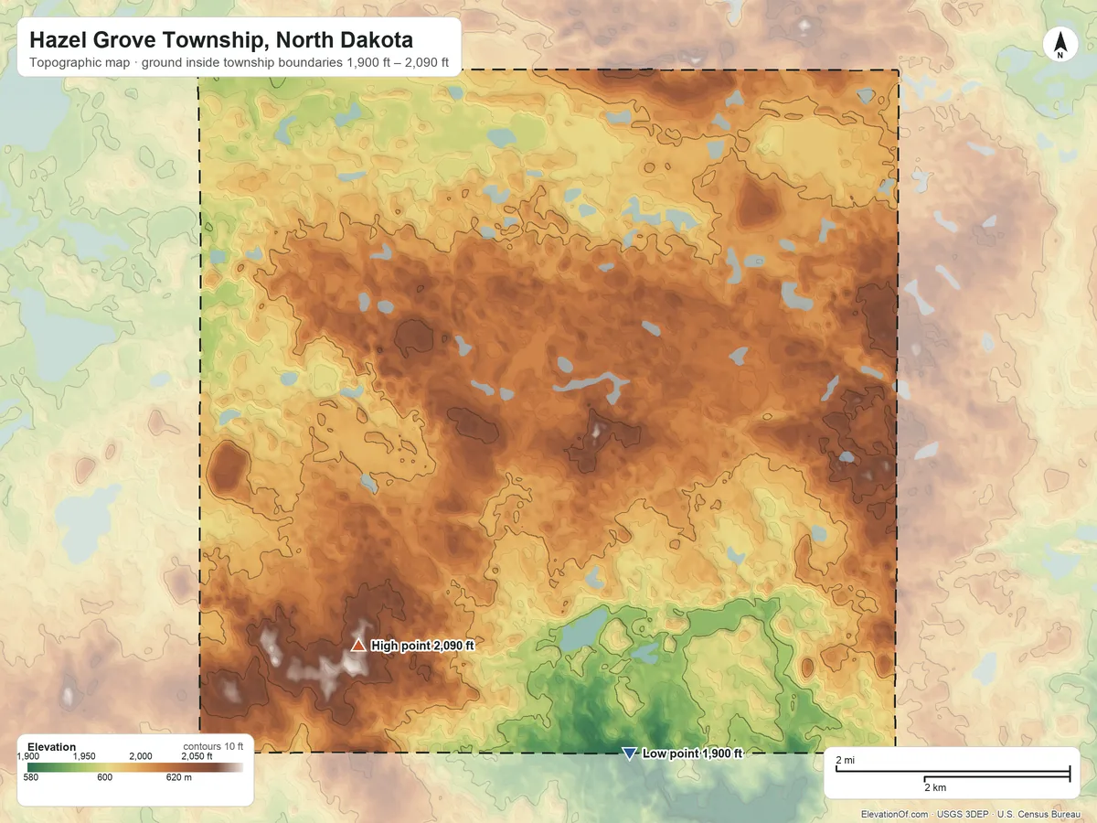 Topographic elevation map of Hazel Grove Township, North Dakota, shaded from 1,900 ft on the south side to 2,090 ft on the southwest side