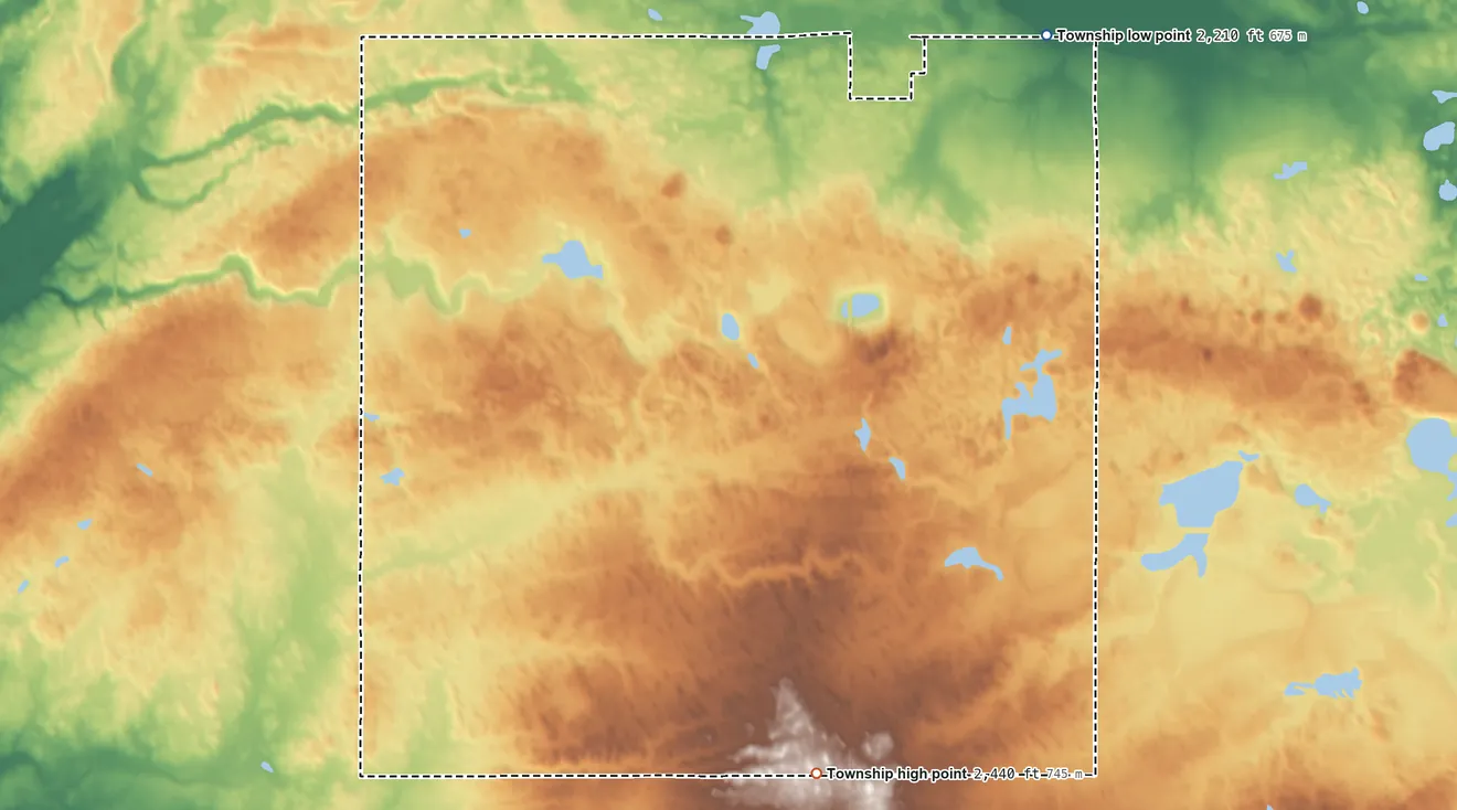 Topographic elevation map of Hazel Township, North Dakota, shaded from 2,210 ft on the northeast side to 2,440 ft on the south side
