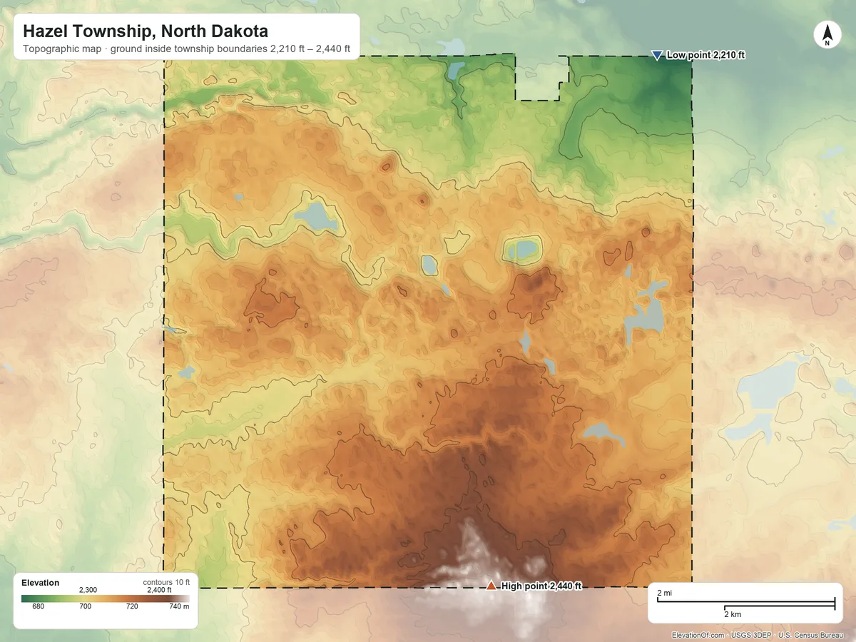 Topographic elevation map of Hazel Township, North Dakota, shaded from 2,210 ft on the northeast side to 2,440 ft on the south side