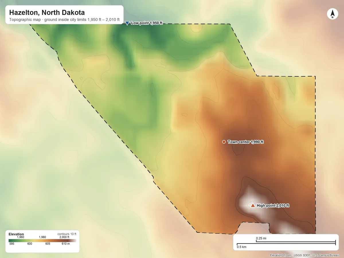Topographic elevation map of Hazelton, North Dakota, shaded from 1,950 ft on the northwest side to 2,010 ft on the southeast side