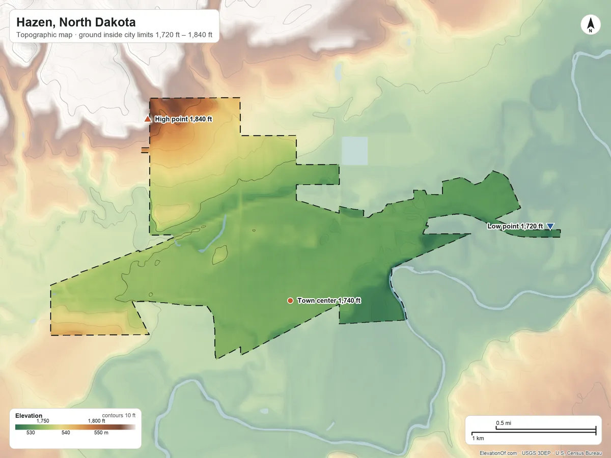 Topographic elevation map of Hazen, North Dakota, shaded from 1,720 ft on the east side to 1,840 ft on the northwest side