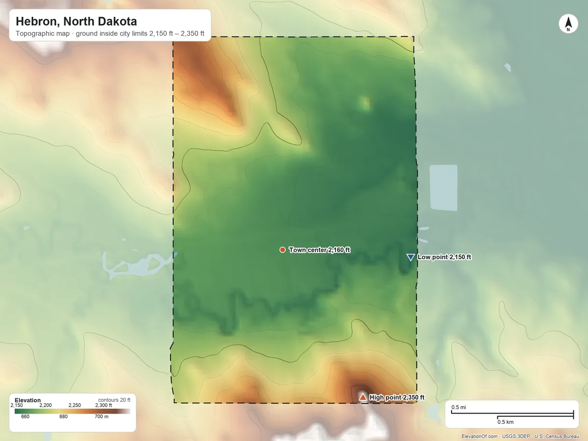 Topographic elevation map of Hebron, North Dakota, shaded from 2,150 ft on the east side to 2,350 ft on the southeast side