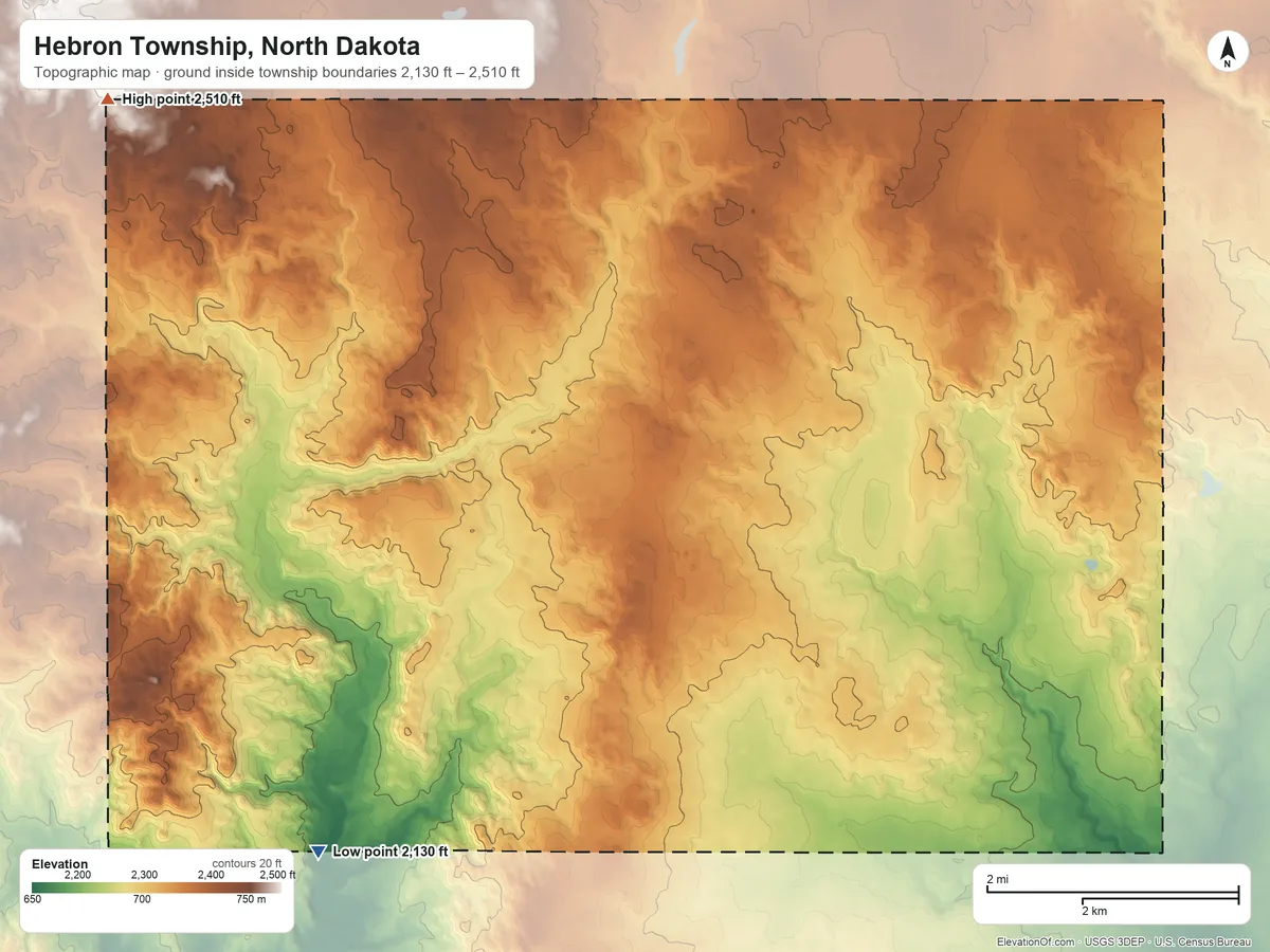 Topographic elevation map of Hebron Township, North Dakota, shaded from 2,130 ft on the southwest side to 2,510 ft on the west side