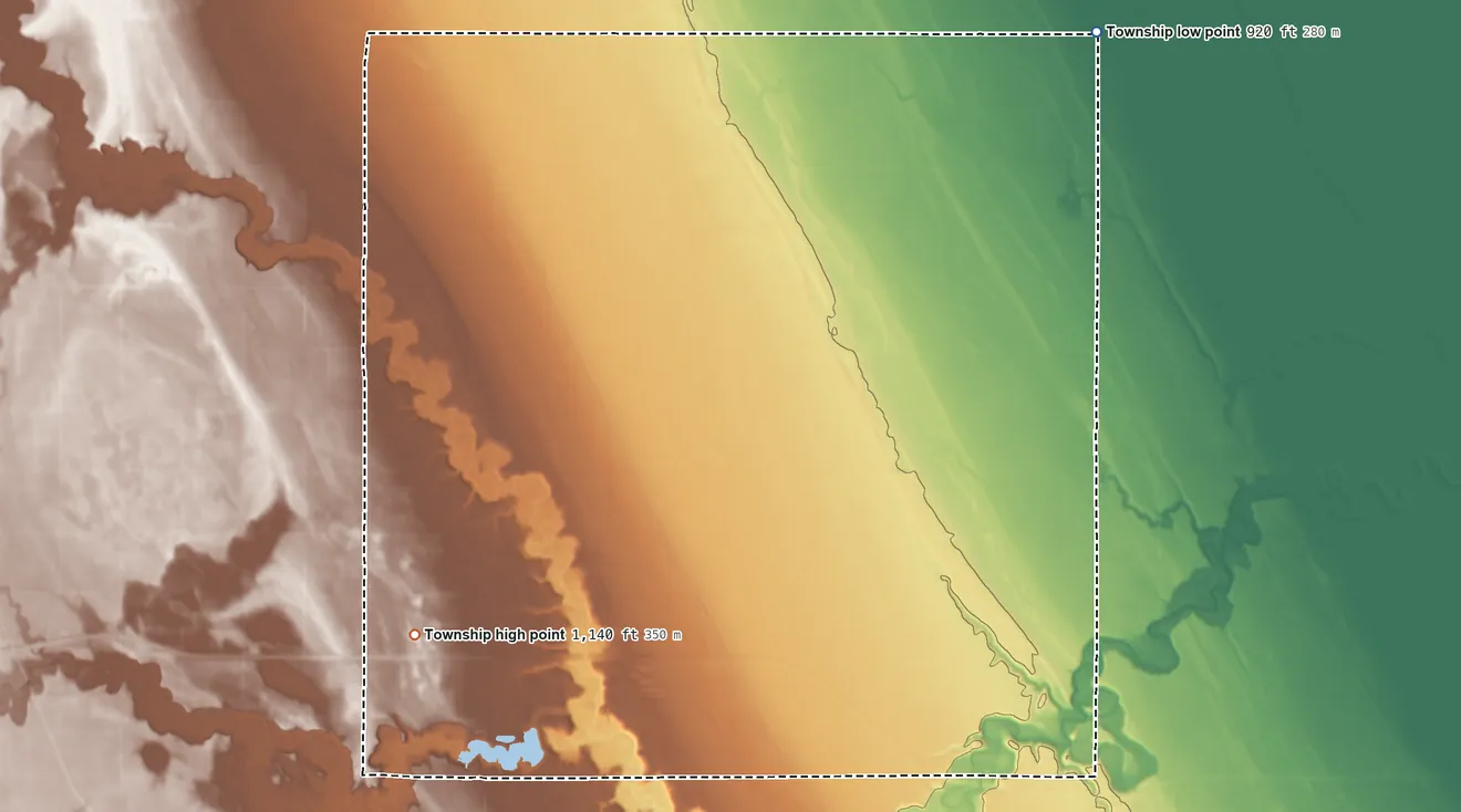 Topographic elevation map of Hegton Township, North Dakota, shaded from 920 ft on the northeast side to 1,140 ft on the southwest side