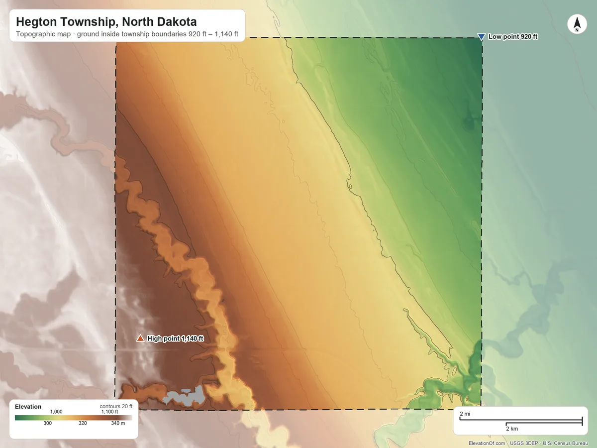 Topographic elevation map of Hegton Township, North Dakota, shaded from 920 ft on the northeast side to 1,140 ft on the southwest side