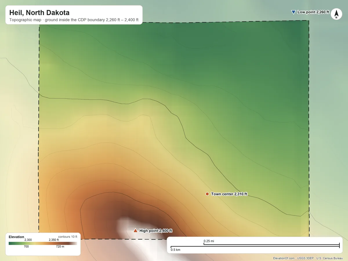 Topographic elevation map of Heil, North Dakota, shaded from 2,260 ft on the northeast side to 2,400 ft on the southwest side