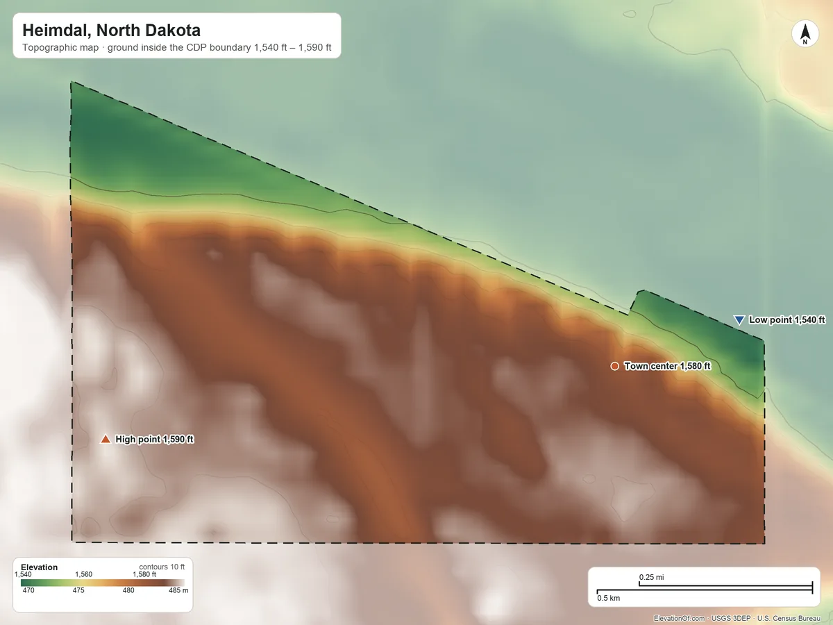 Topographic elevation map of Heimdal, North Dakota, shaded from 1,540 ft on the east side to 1,590 ft on the west side