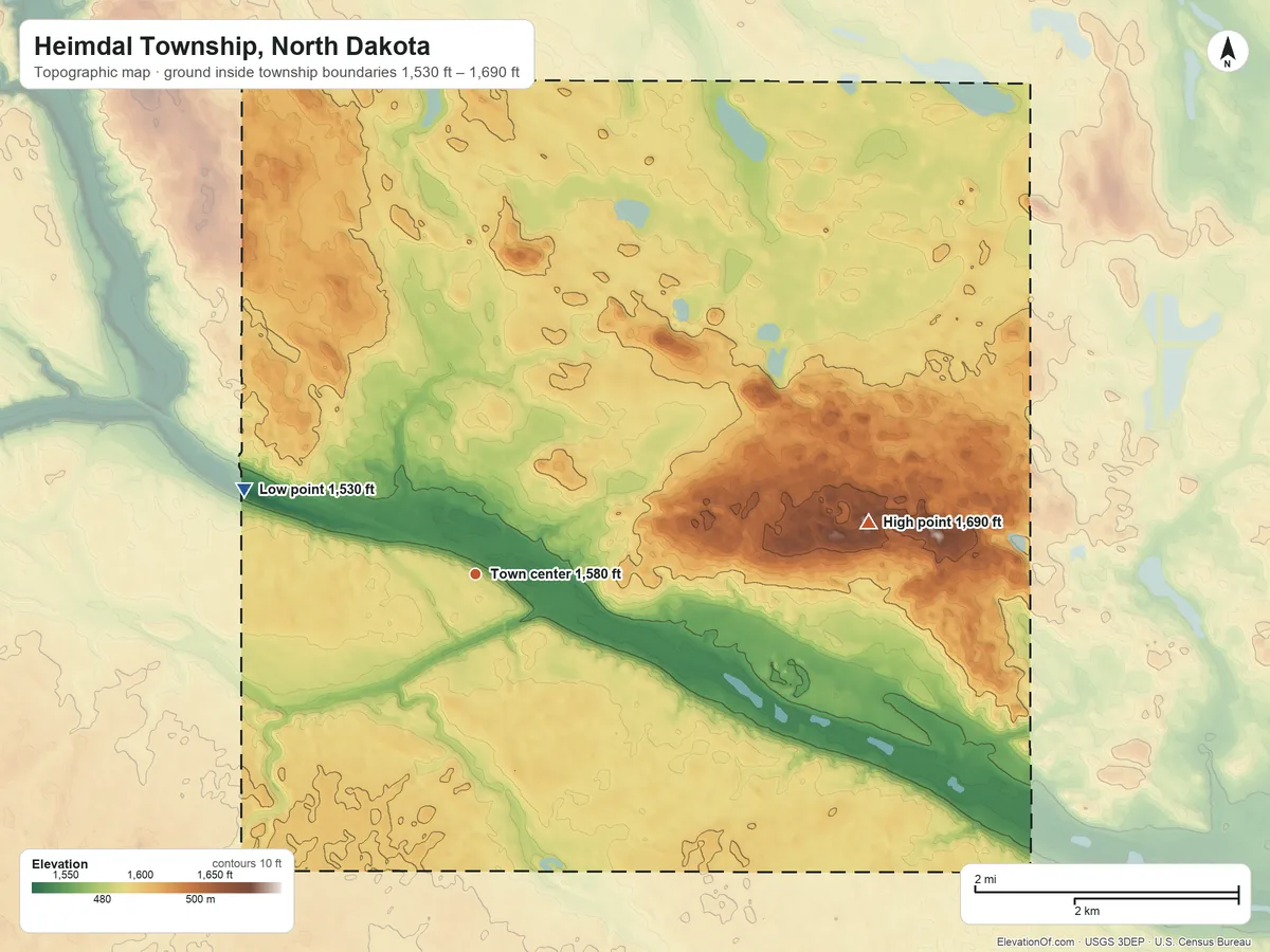 Topographic elevation map of Heimdal Township, North Dakota, shaded from 1,530 ft on the west side to 1,690 ft on the east side
