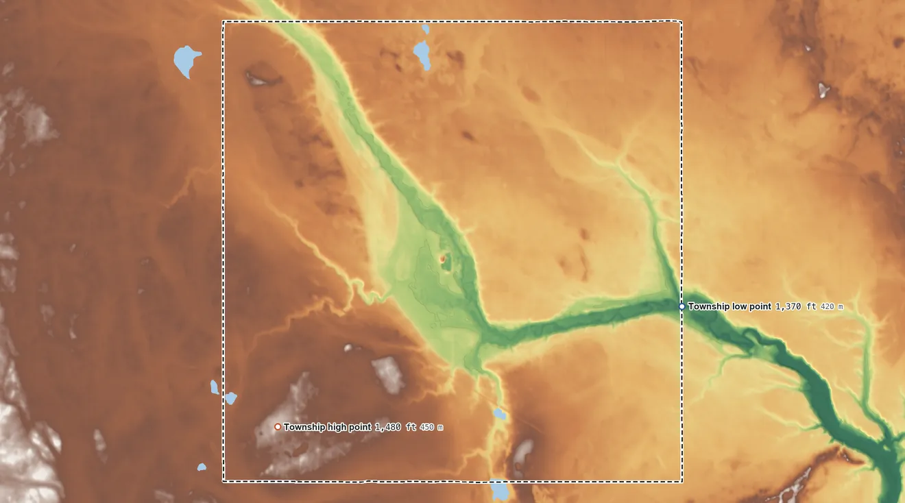 Topographic elevation map of Helena Township, North Dakota, shaded from 1,370 ft on the east side to 1,480 ft on the west side