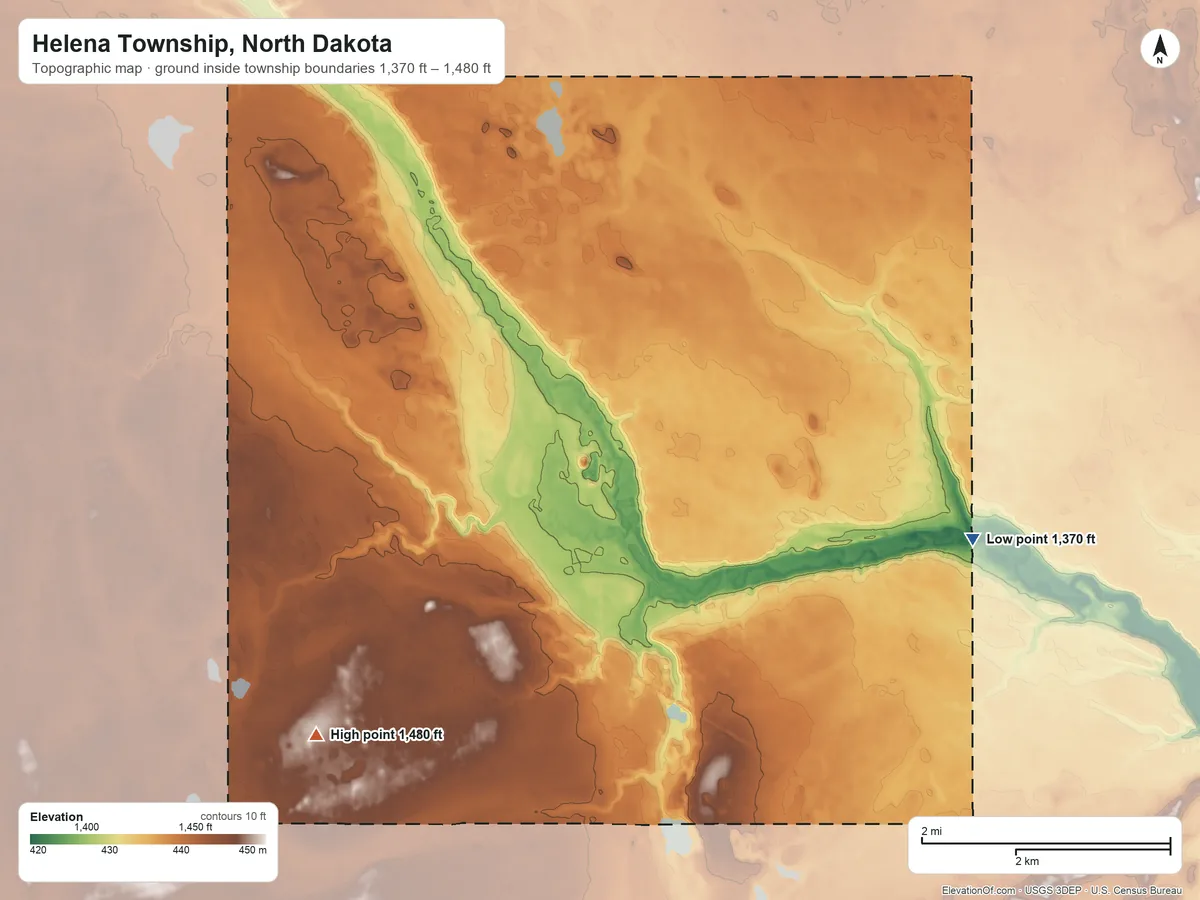Topographic elevation map of Helena Township, North Dakota, shaded from 1,370 ft on the east side to 1,480 ft on the west side