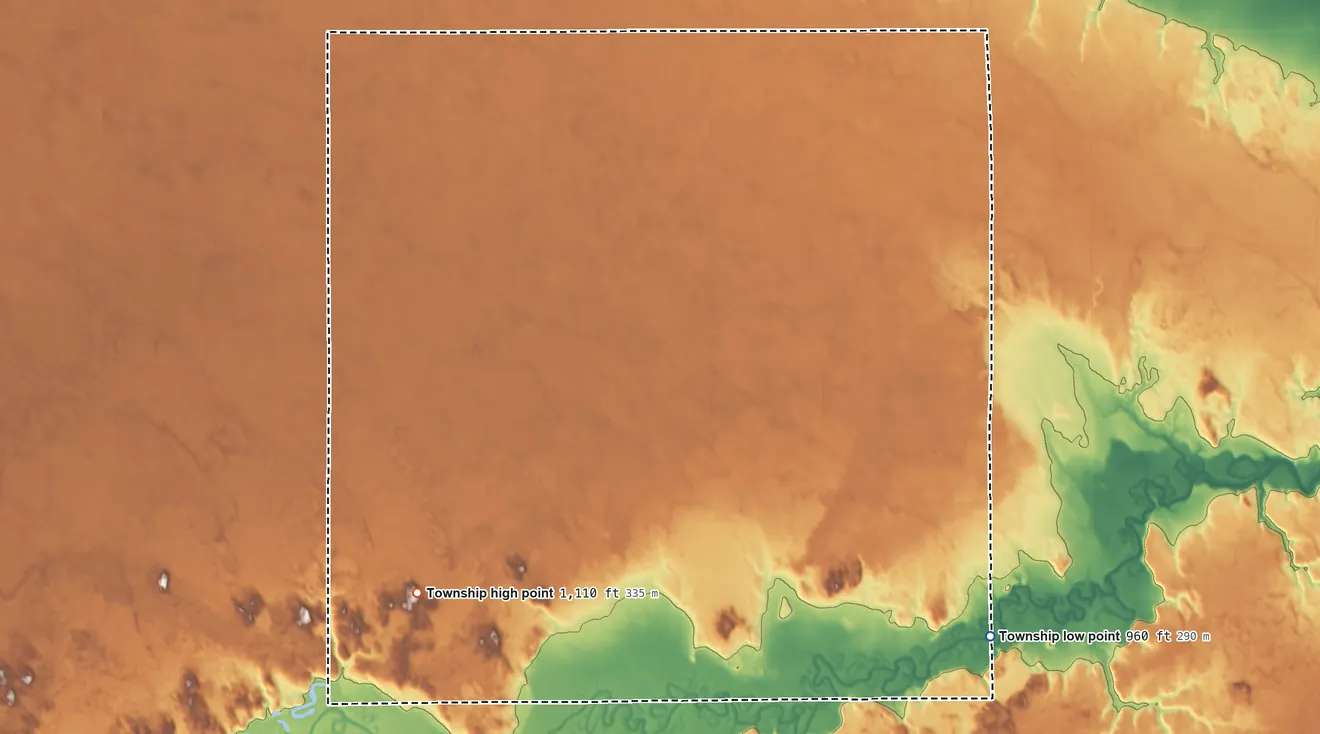 Topographic elevation map of Helendale Township, North Dakota, shaded from 960 ft on the southeast side to 1,110 ft on the southwest side