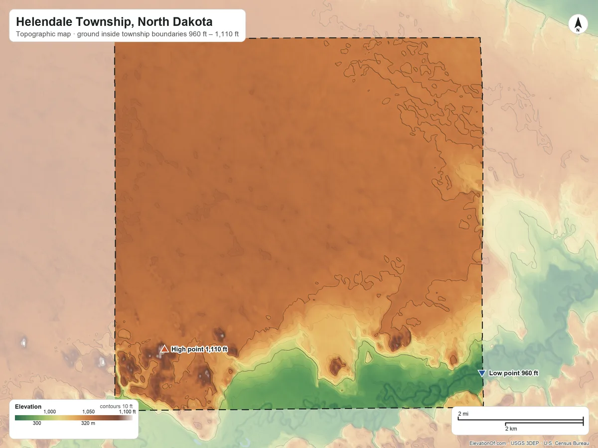 Topographic elevation map of Helendale Township, North Dakota, shaded from 960 ft on the southeast side to 1,110 ft on the southwest side
