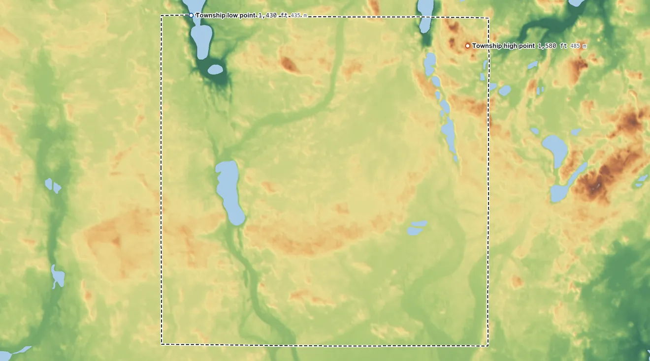 Topographic elevation map of Hemen Township, North Dakota, shaded from 1,430 ft on the northwest side to 1,580 ft on the northeast side