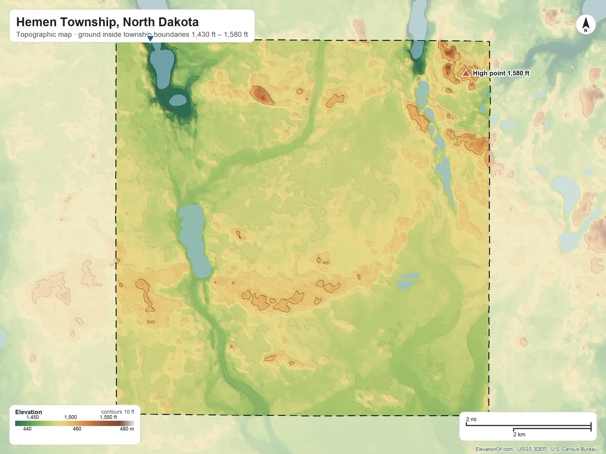 Topographic elevation map of Hemen Township, North Dakota, shaded from 1,430 ft on the northwest side to 1,580 ft on the northeast side