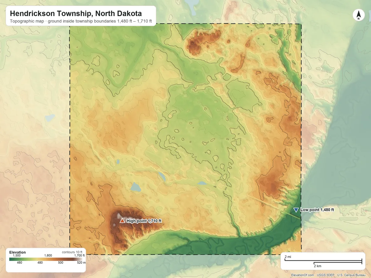 Topographic elevation map of Hendrickson Township, North Dakota, shaded from 1,480 ft on the southeast side to 1,710 ft on the southwest side