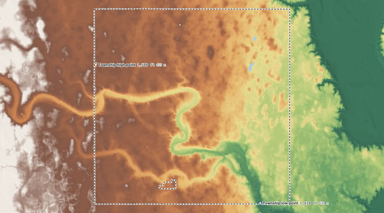 Topographic elevation map of Henrietta Township, North Dakota, shaded from 1,410 ft on the southeast side to 1,500 ft on the northwest side
