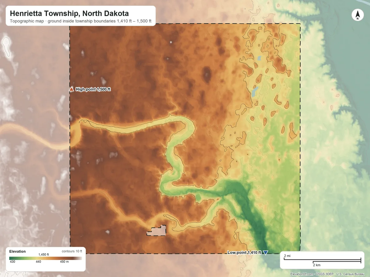 Topographic elevation map of Henrietta Township, North Dakota, shaded from 1,410 ft on the southeast side to 1,500 ft on the northwest side