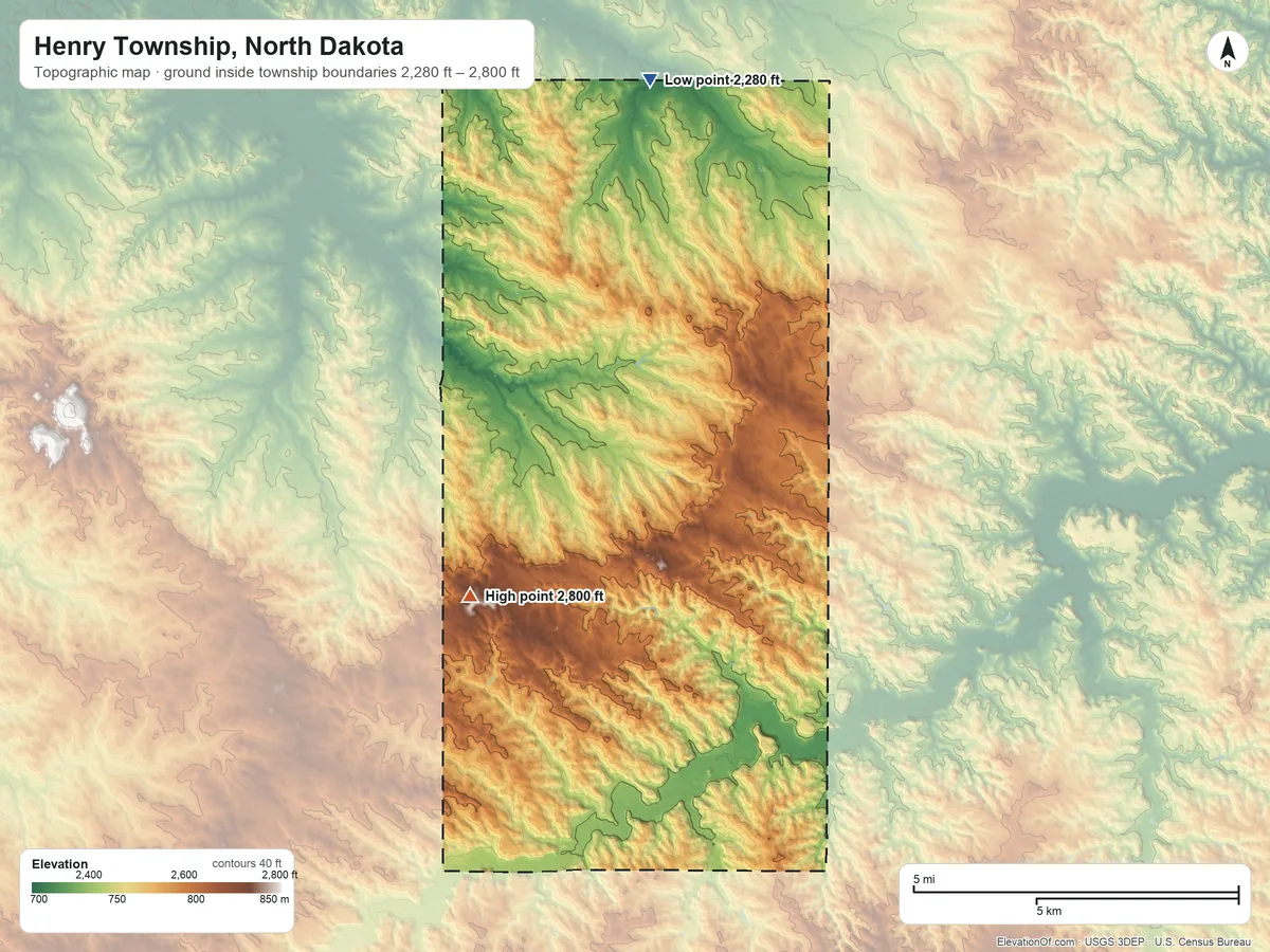 Topographic elevation map of Henry Township, North Dakota, shaded from 2,280 ft on the northwest side to 2,800 ft on the southwest side