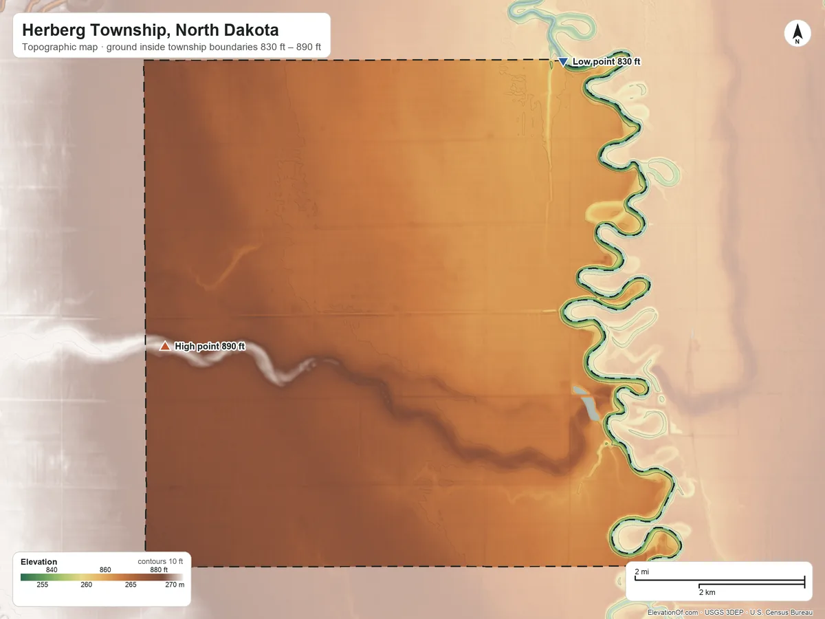 Topographic elevation map of Herberg Township, North Dakota, shaded from 830 ft on the northeast side to 890 ft on the west side
