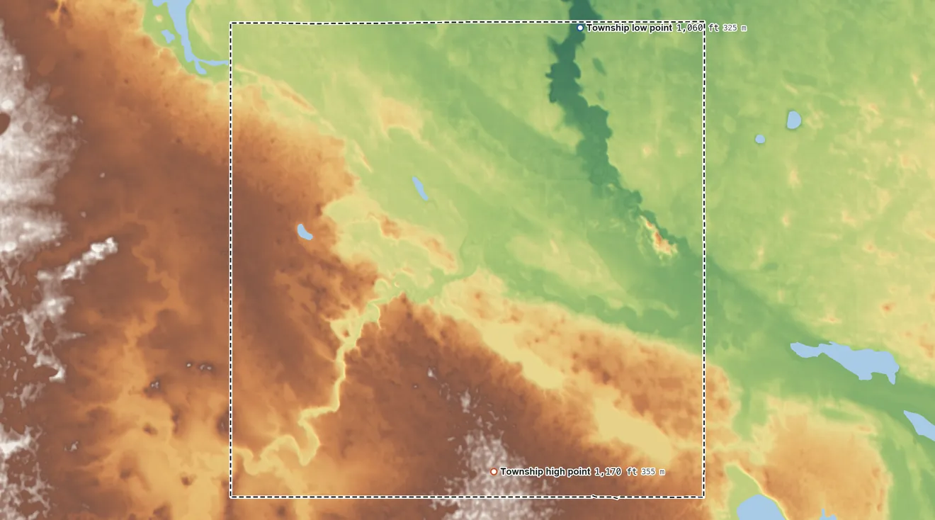 Topographic elevation map of Herman Township, North Dakota, shaded from 1,060 ft on the northeast side to 1,170 ft on the south side