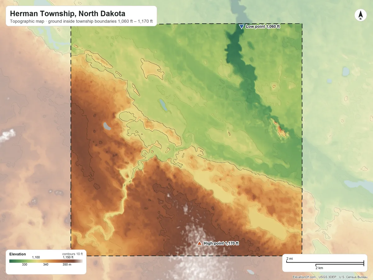 Topographic elevation map of Herman Township, North Dakota, shaded from 1,060 ft on the northeast side to 1,170 ft on the south side
