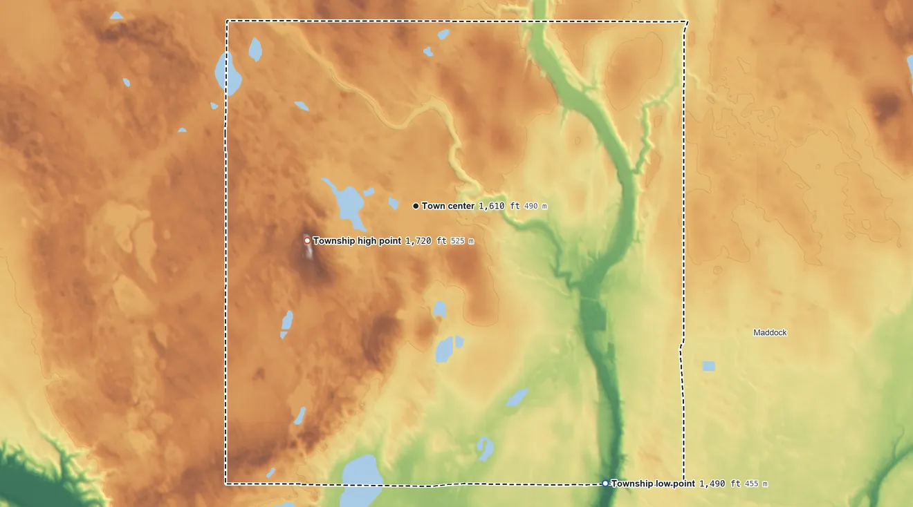 Topographic elevation map of Hesper Township, North Dakota, shaded from 1,490 ft on the southeast side to 1,720 ft on the west side