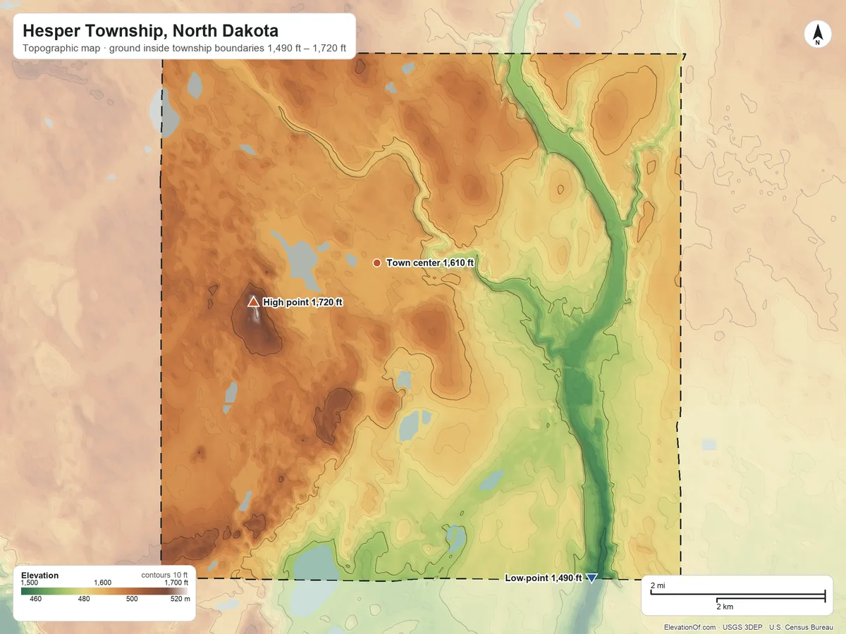 Topographic elevation map of Hesper Township, North Dakota, shaded from 1,490 ft on the southeast side to 1,720 ft on the west side