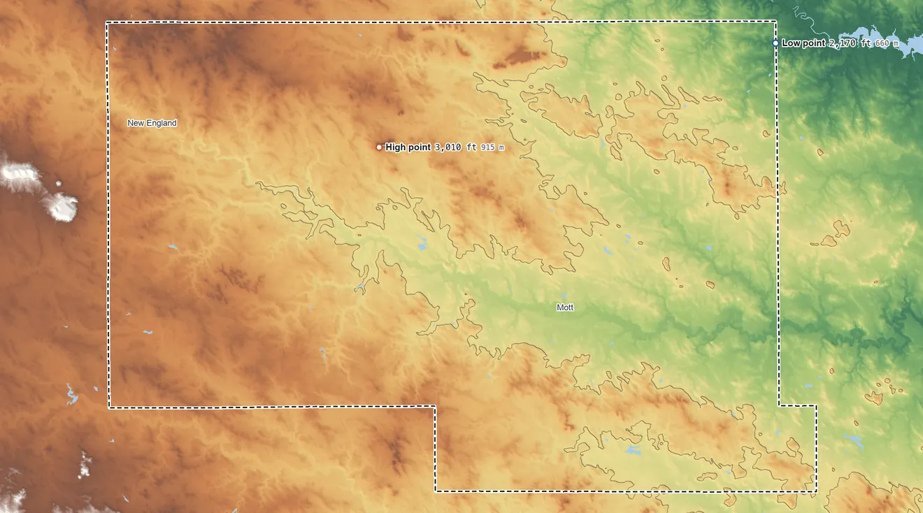 Topographic elevation map of Hettinger County, North Dakota, shaded from 2,170 ft on the northeast side to 3,010 ft on Black Butte