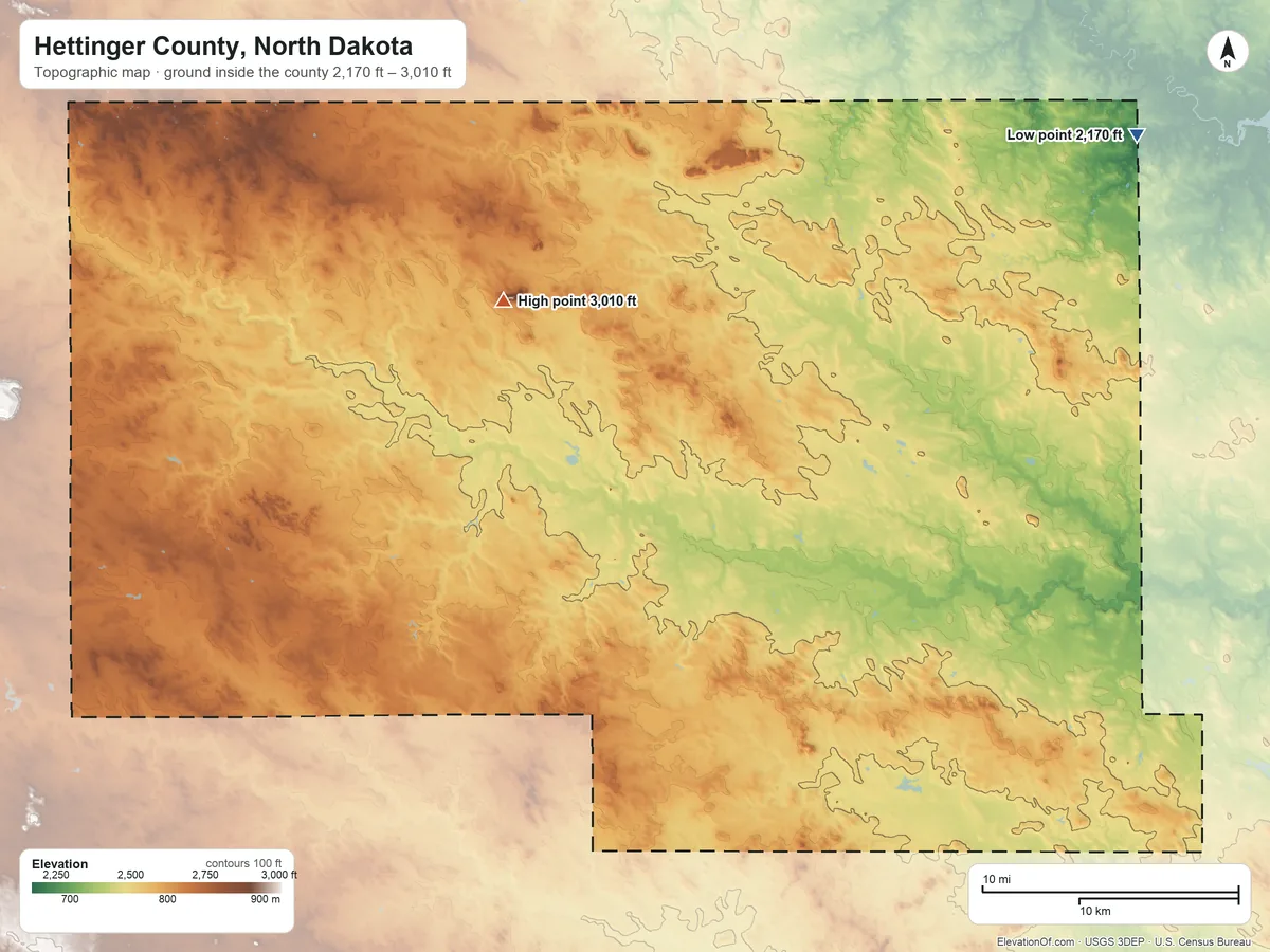 Topographic elevation map of Hettinger County, North Dakota, shaded from 2,170 ft on the northeast side to 3,010 ft on Black Butte