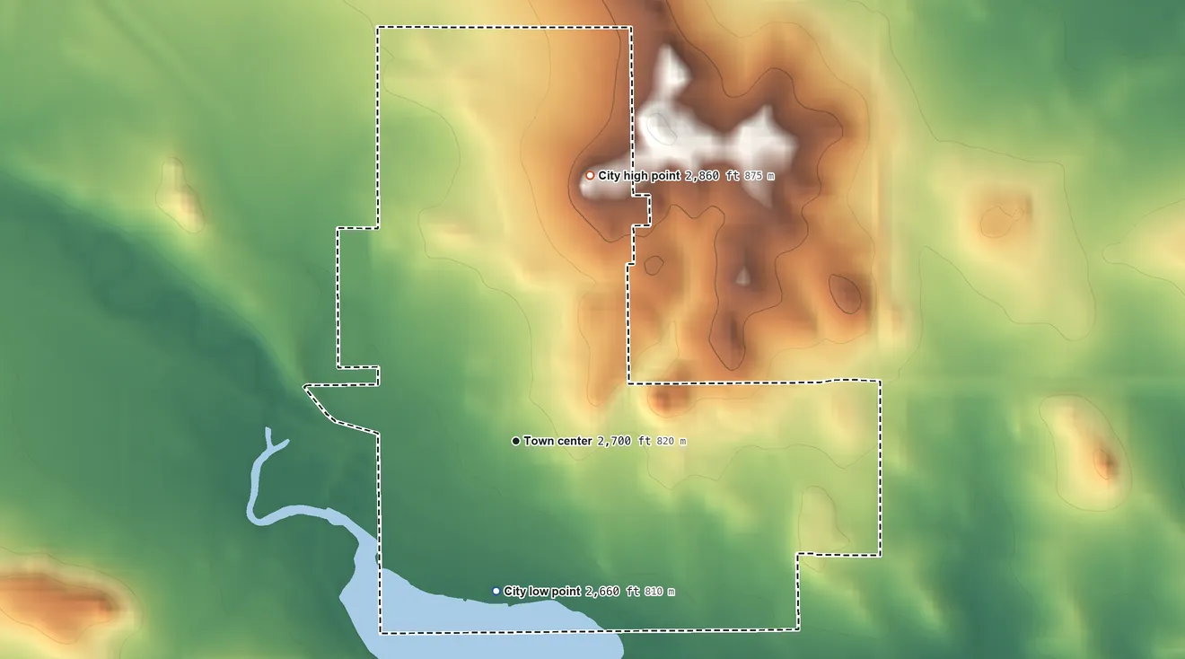 Topographic elevation map of Hettinger, North Dakota, shaded from 2,660 ft on the south side to 2,860 ft on the north side