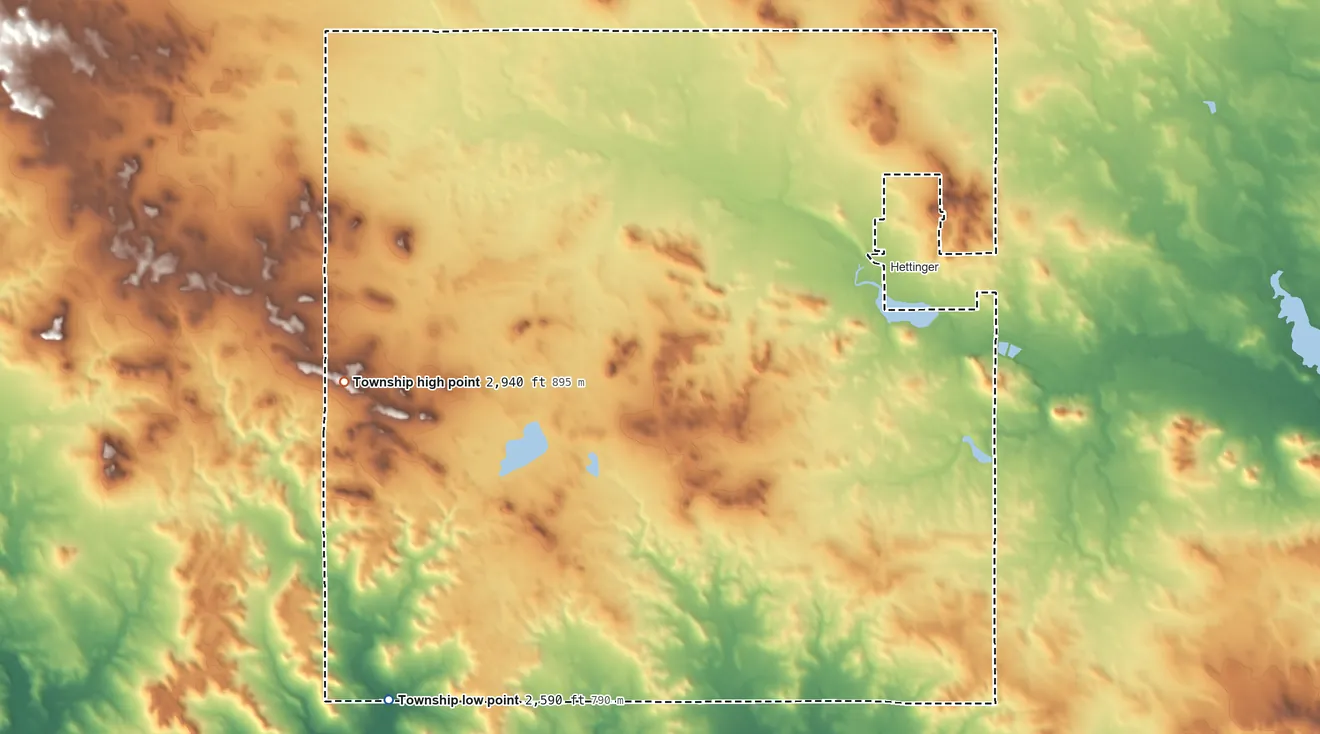 Topographic elevation map of Hettinger Township, North Dakota, shaded from 2,590 ft on the southwest side to 2,940 ft on the west side