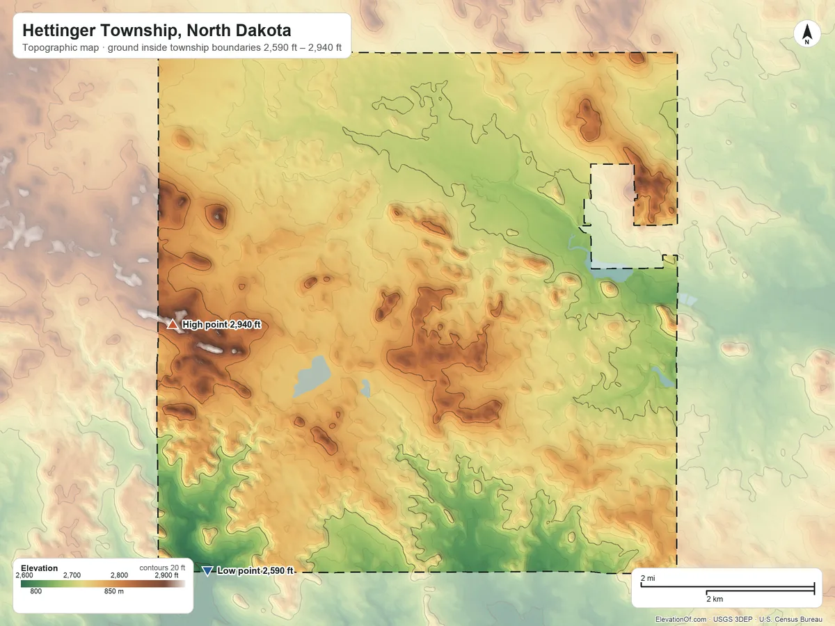 Topographic elevation map of Hettinger Township, North Dakota, shaded from 2,590 ft on the southwest side to 2,940 ft on the west side