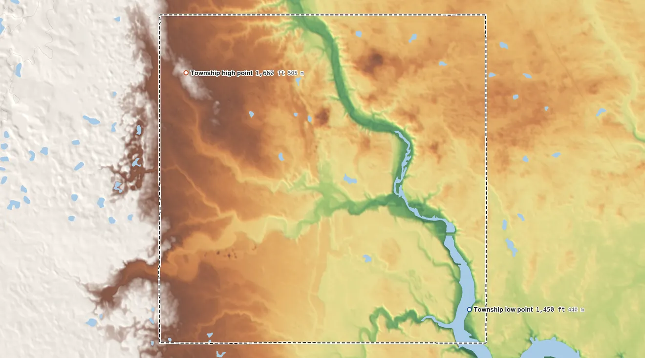 Topographic elevation map of Hidden Township, North Dakota, shaded from 1,450 ft on the south side to 1,660 ft on the west side