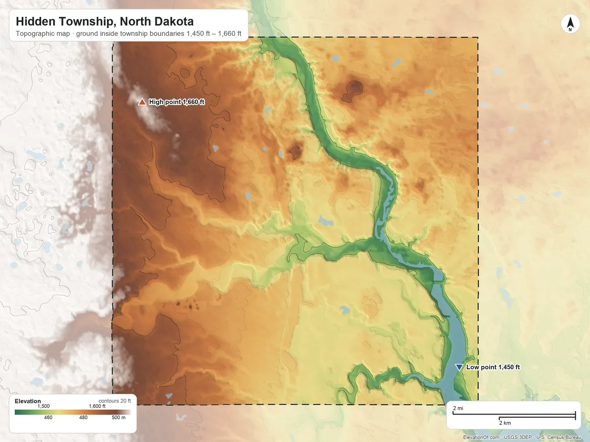 Topographic elevation map of Hidden Township, North Dakota, shaded from 1,450 ft on the south side to 1,660 ft on the west side