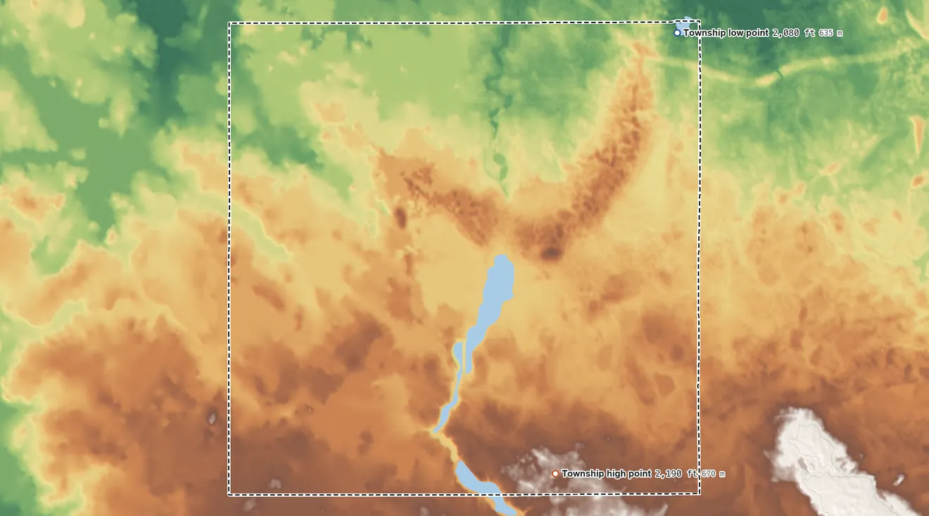 Topographic elevation map of Hiddenwood Township, North Dakota, shaded from 2,080 ft on the northeast side to 2,190 ft on the south side