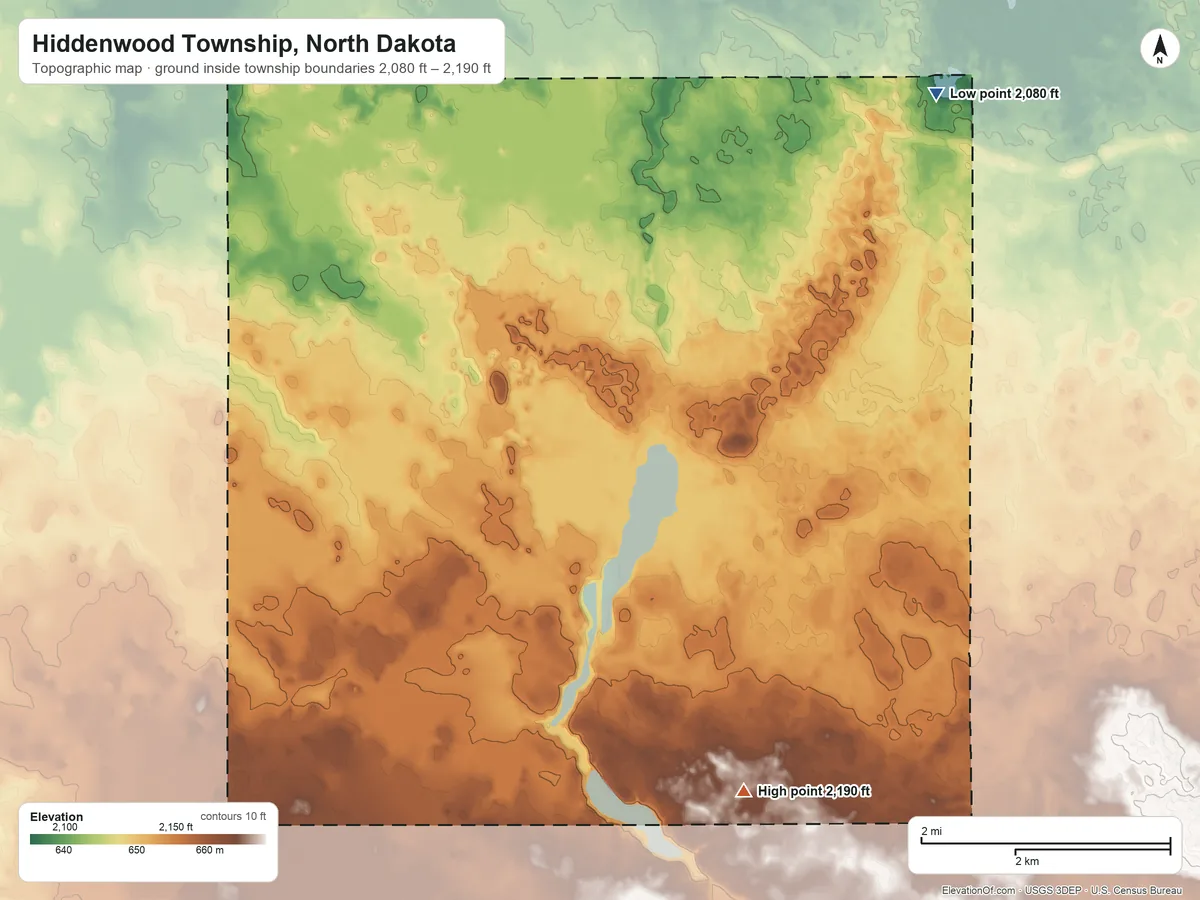 Topographic elevation map of Hiddenwood Township, North Dakota, shaded from 2,080 ft on the northeast side to 2,190 ft on the south side
