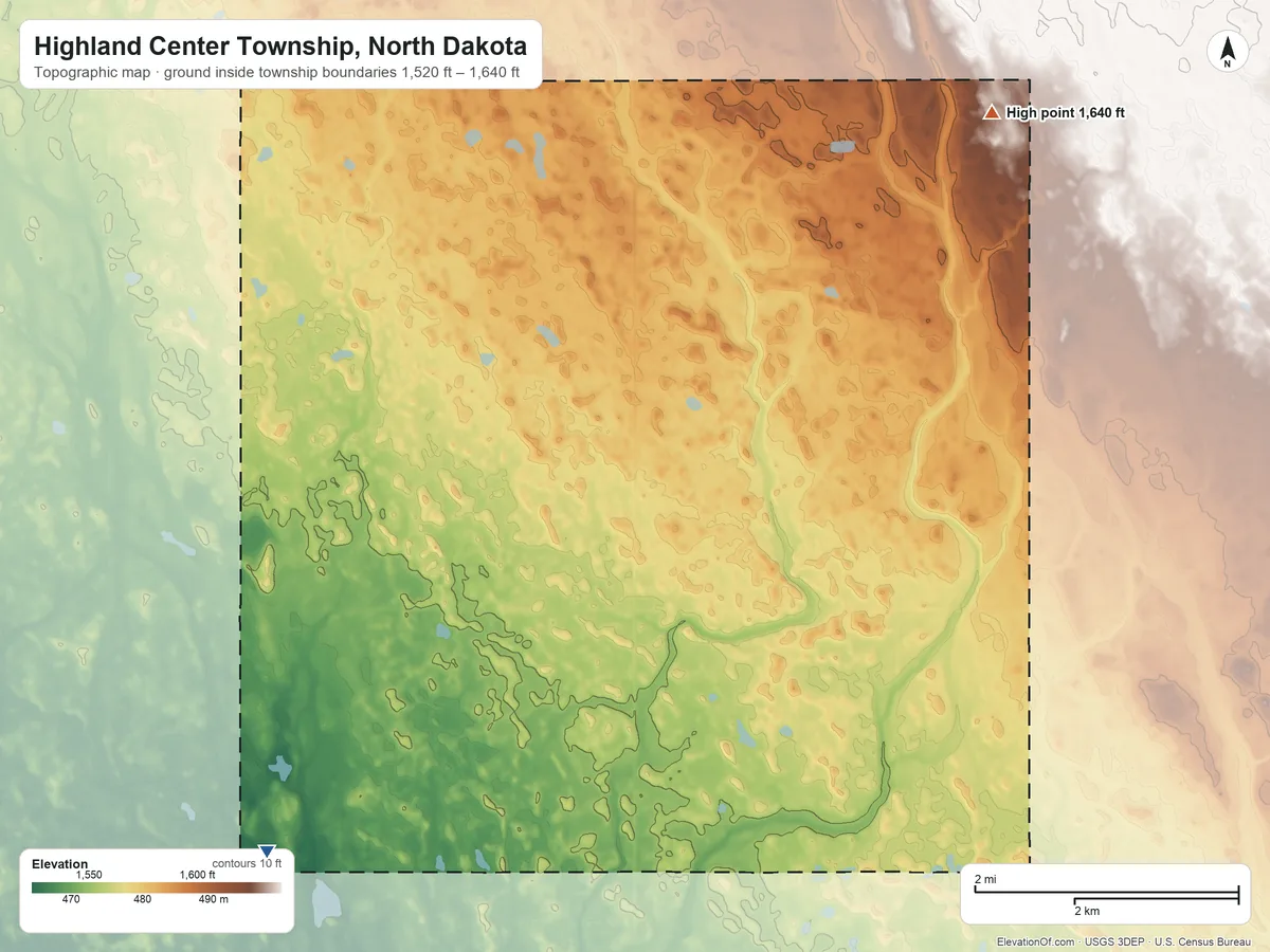 Topographic elevation map of Highland Center Township, North Dakota, shaded from 1,520 ft on the southwest side to 1,640 ft on the northeast side