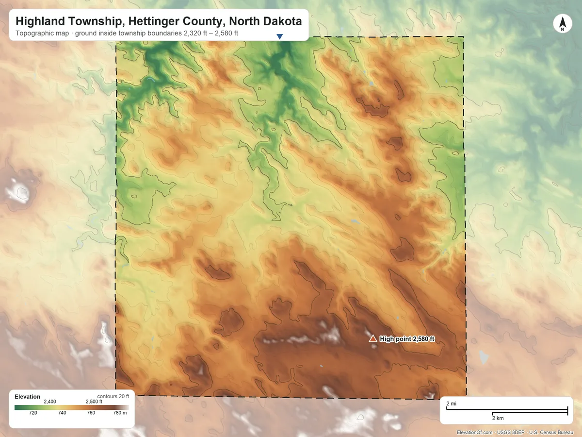 Topographic elevation map of Highland Township, Hettinger County, North Dakota, shaded from 2,320 ft on the north side to 2,580 ft near the middle