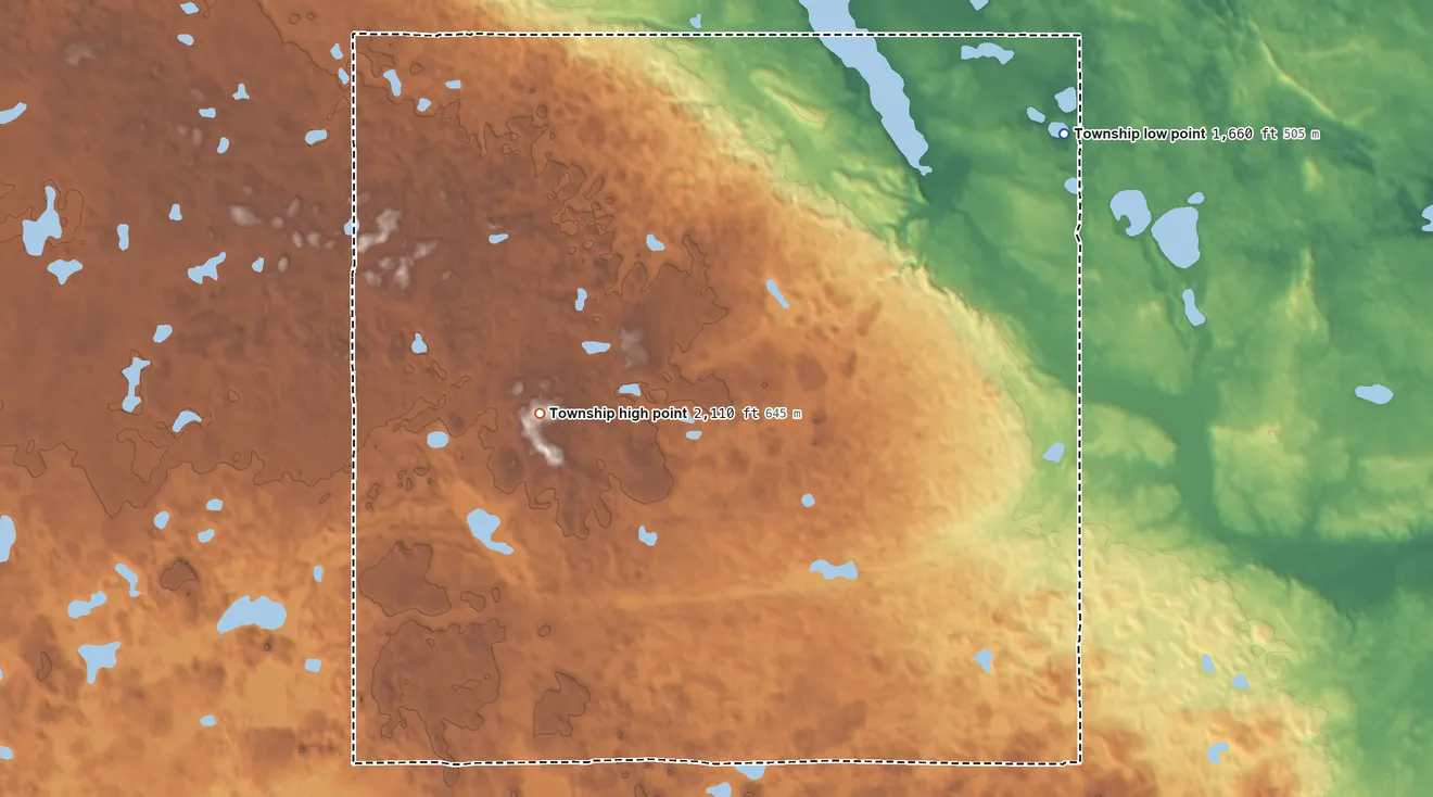 Topographic elevation map of Highland Township, Sheridan County, North Dakota, shaded from 1,660 ft on the northeast side to 2,110 ft near the middle
