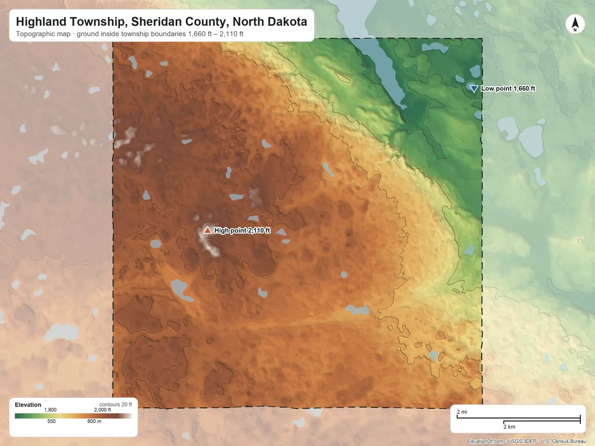 Topographic elevation map of Highland Township, Sheridan County, North Dakota, shaded from 1,660 ft on the northeast side to 2,110 ft near the middle