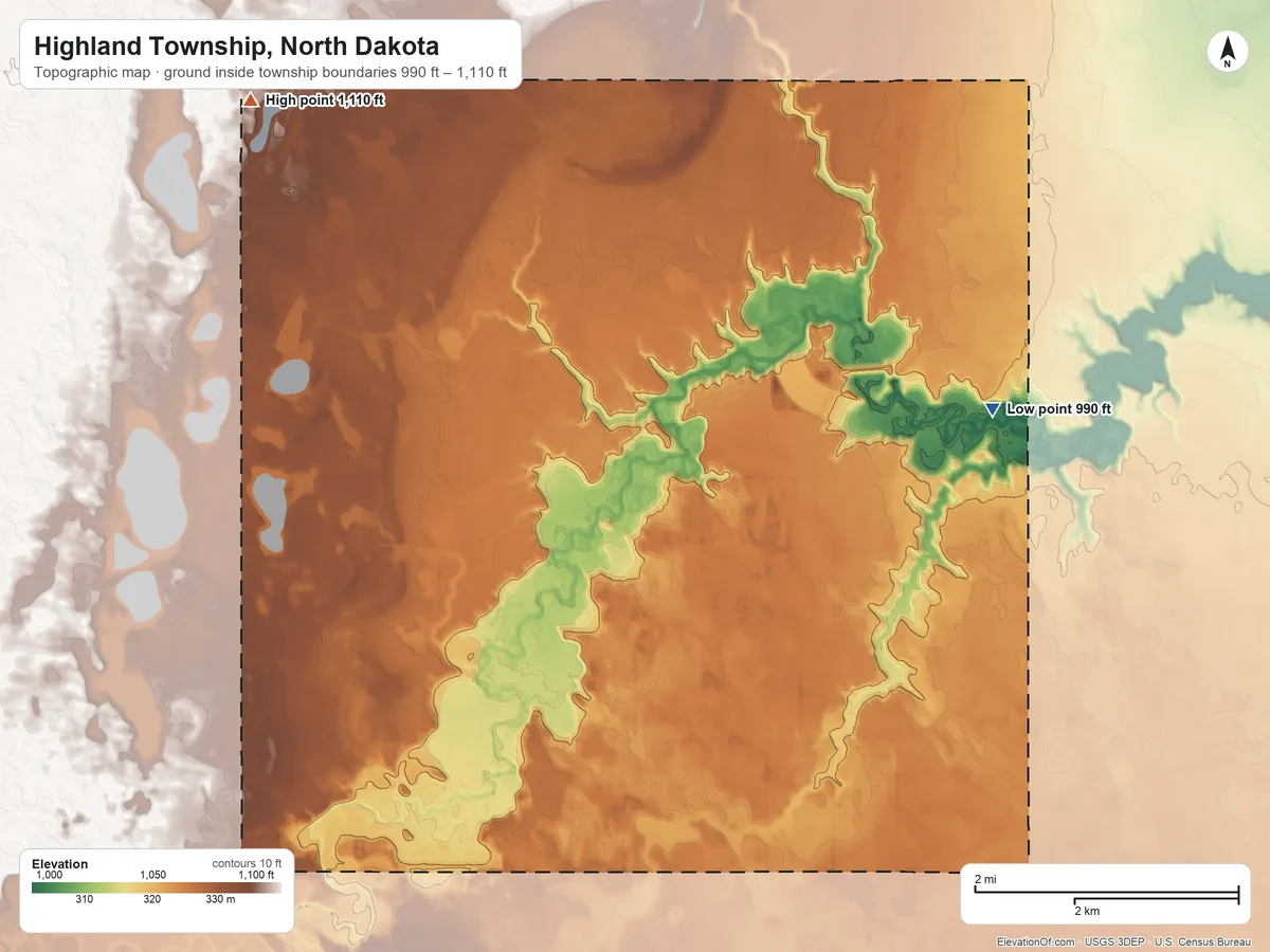 Topographic elevation map of Highland Township, North Dakota, shaded from 990 ft on the east side to 1,110 ft on the northwest side