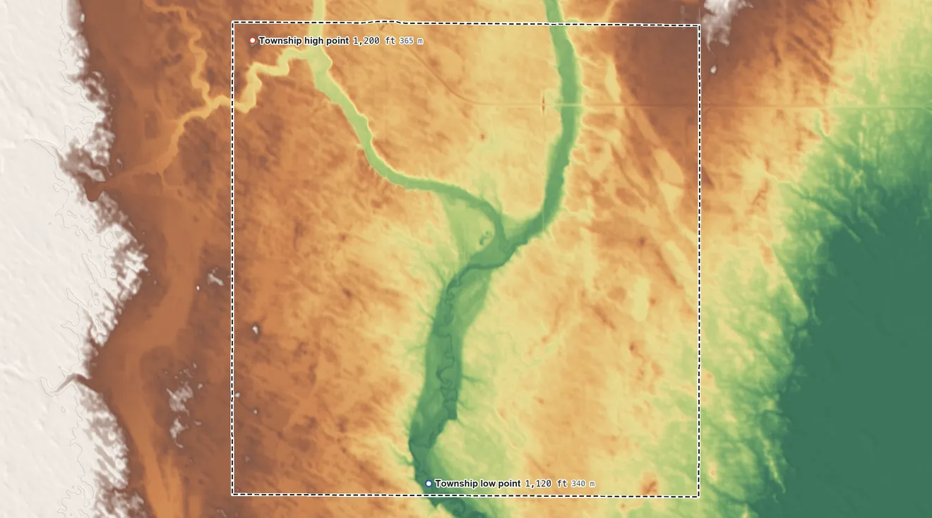 Topographic elevation map of Hill Township, North Dakota, shaded from 1,120 ft on the south side to 1,200 ft on the northwest side