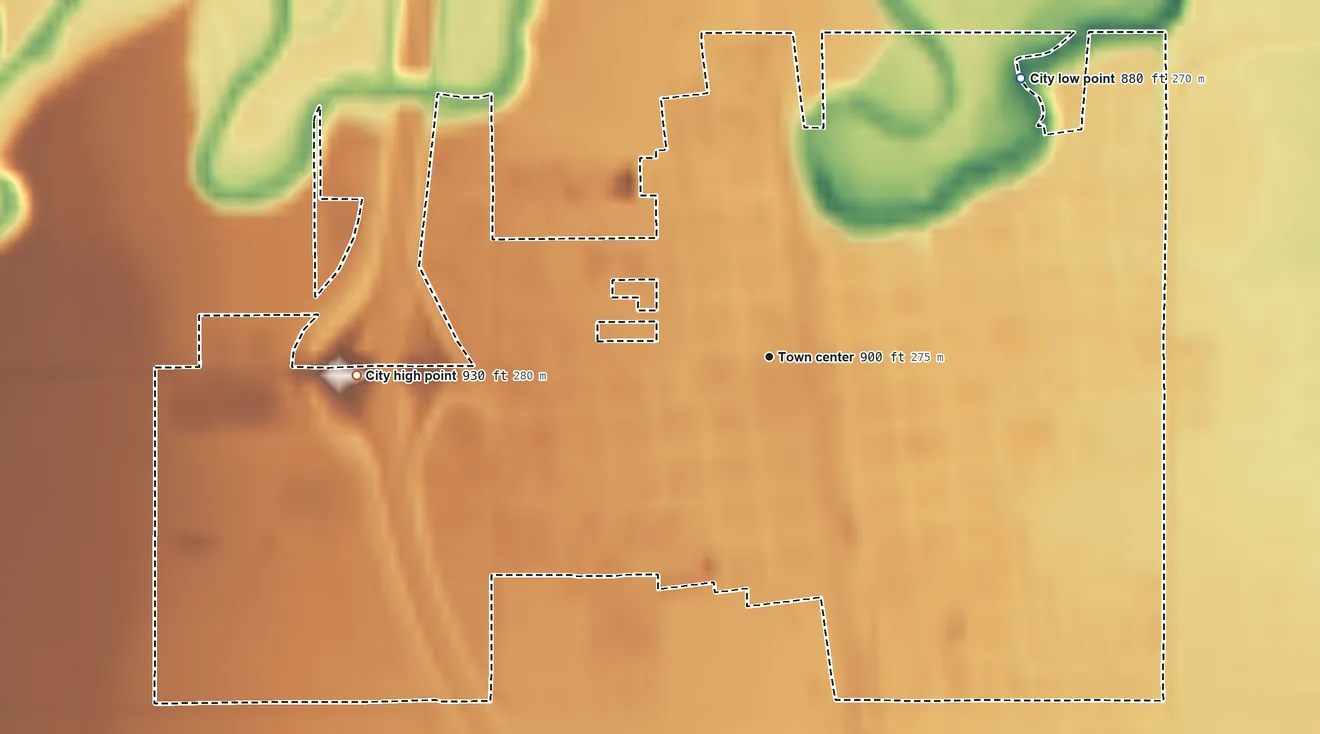 Topographic elevation map of Hillsboro, North Dakota, shaded from 880 ft on the northeast side to 930 ft on the west side