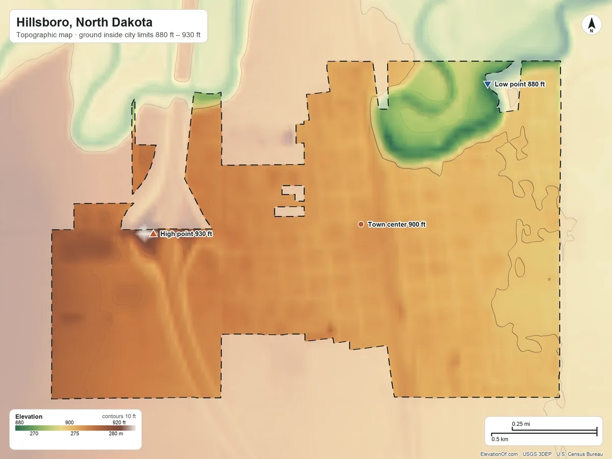 Topographic elevation map of Hillsboro, North Dakota, shaded from 880 ft on the northeast side to 930 ft on the west side