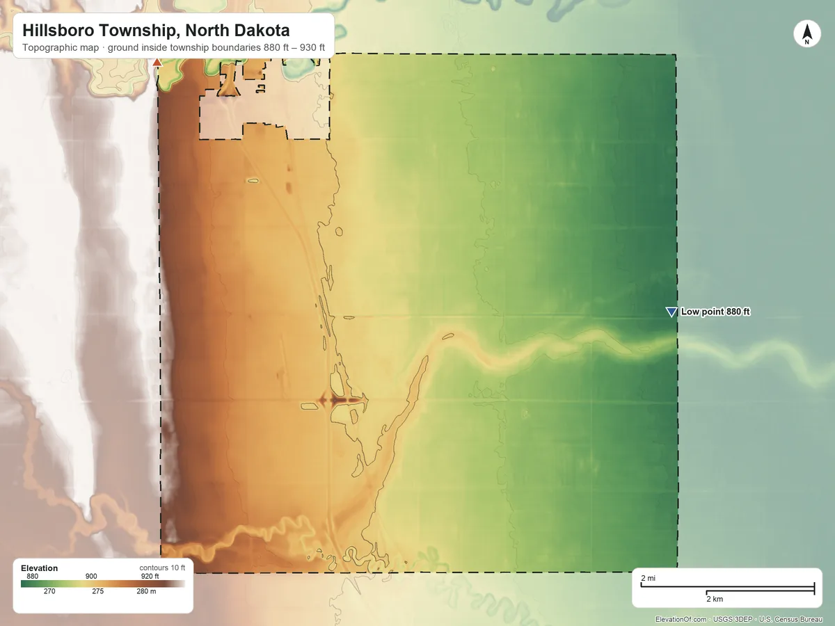 Topographic elevation map of Hillsboro Township, North Dakota, shaded from 880 ft on the east side to 930 ft on the northwest side
