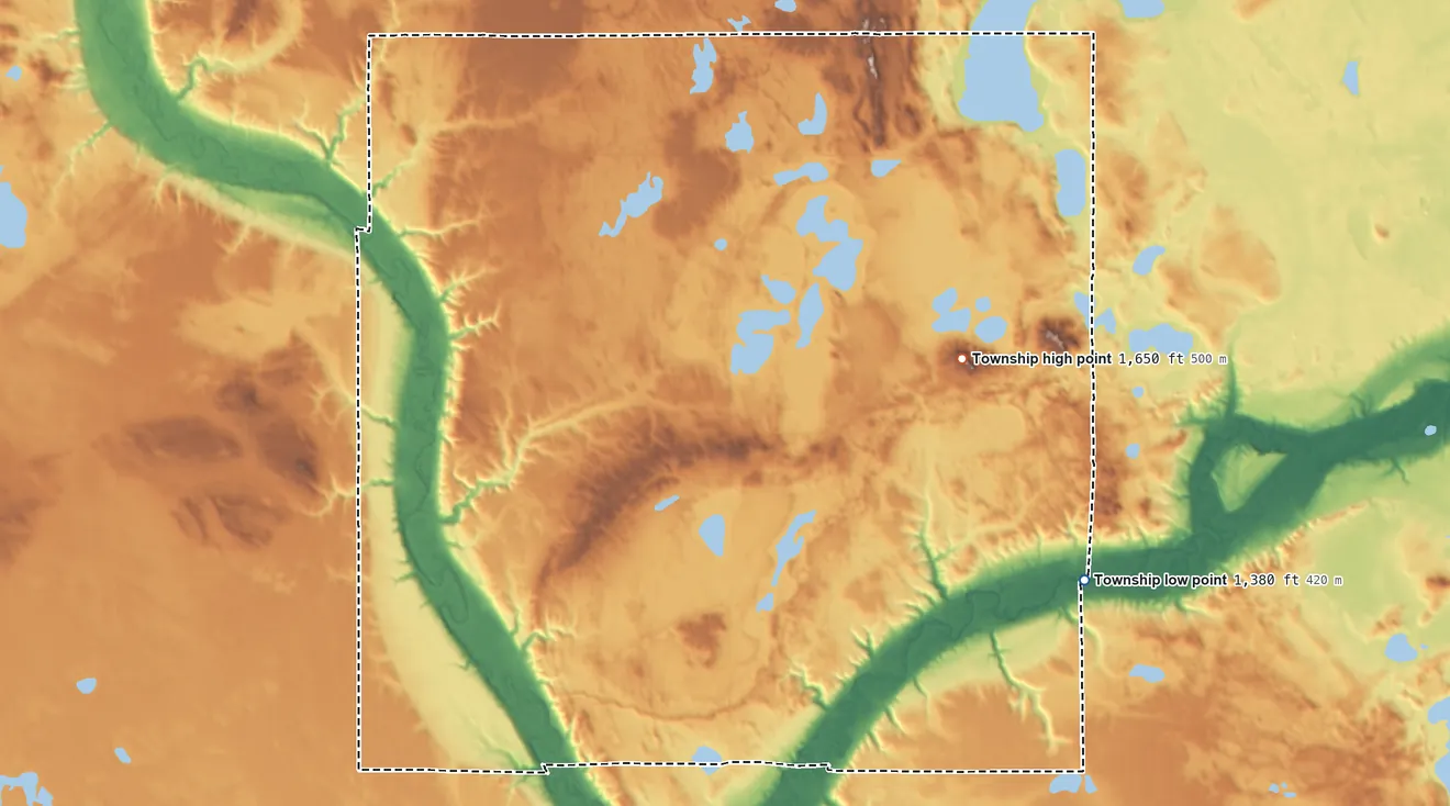 Topographic elevation map of Hillsdale Township, Eddy County, North Dakota, shaded from 1,380 ft on the southeast side to 1,650 ft on the southeast side
