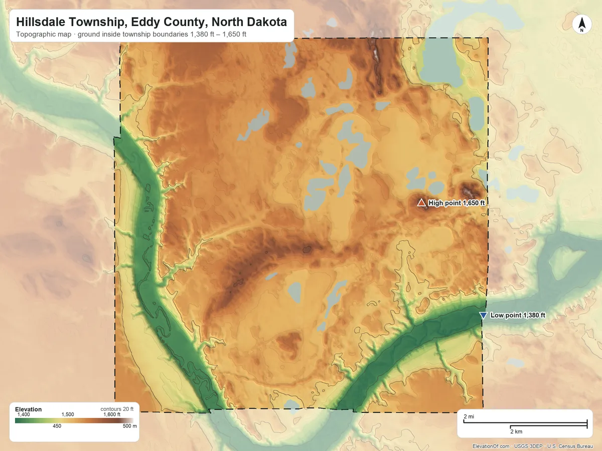 Topographic elevation map of Hillsdale Township, Eddy County, North Dakota, shaded from 1,380 ft on the southeast side to 1,650 ft on the southeast side