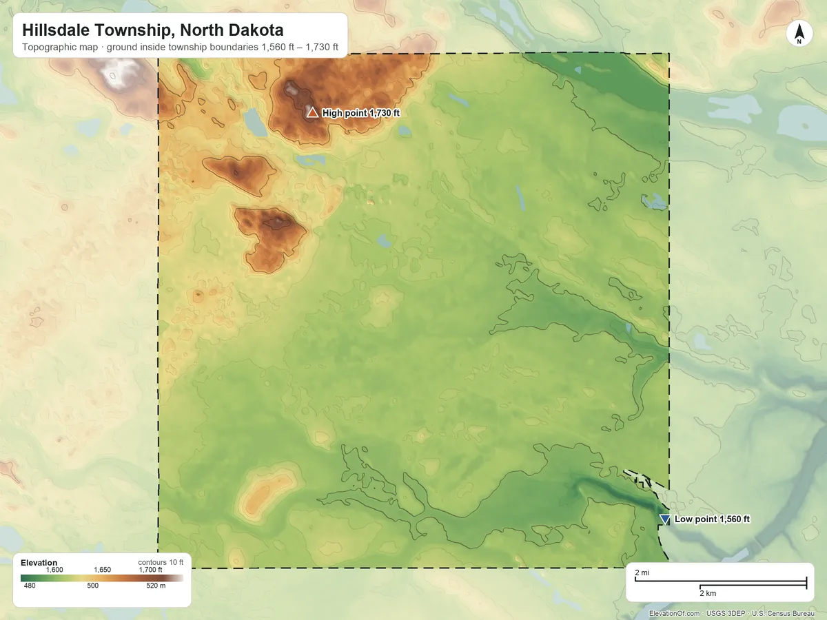 Topographic elevation map of Hillsdale Township, North Dakota, shaded from 1,560 ft on the southeast side to 1,730 ft on the northwest side