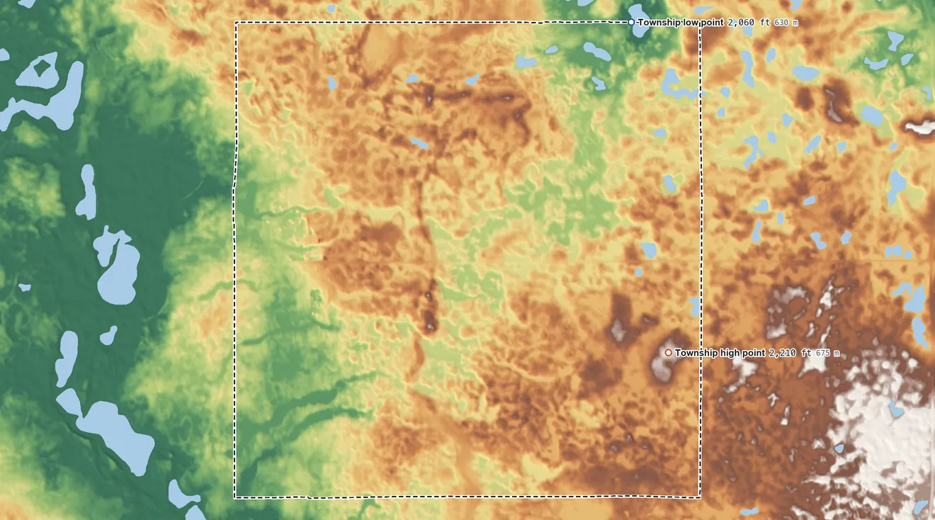Topographic elevation map of Hilton Township, North Dakota, shaded from 2,060 ft on the northeast side to 2,210 ft on the southeast side